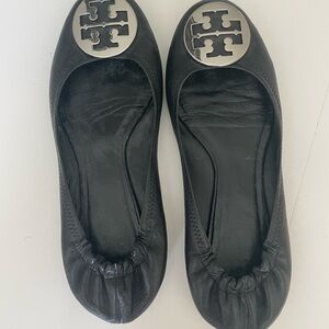 Tory Burch Black Flats with Silver Emblem